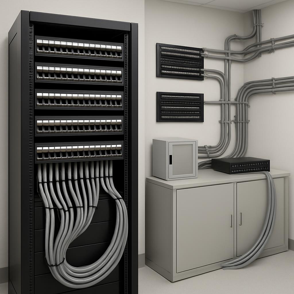 The image is of a network room. The room is equipped with network cabling and a server rack. The server rack is on the lef...